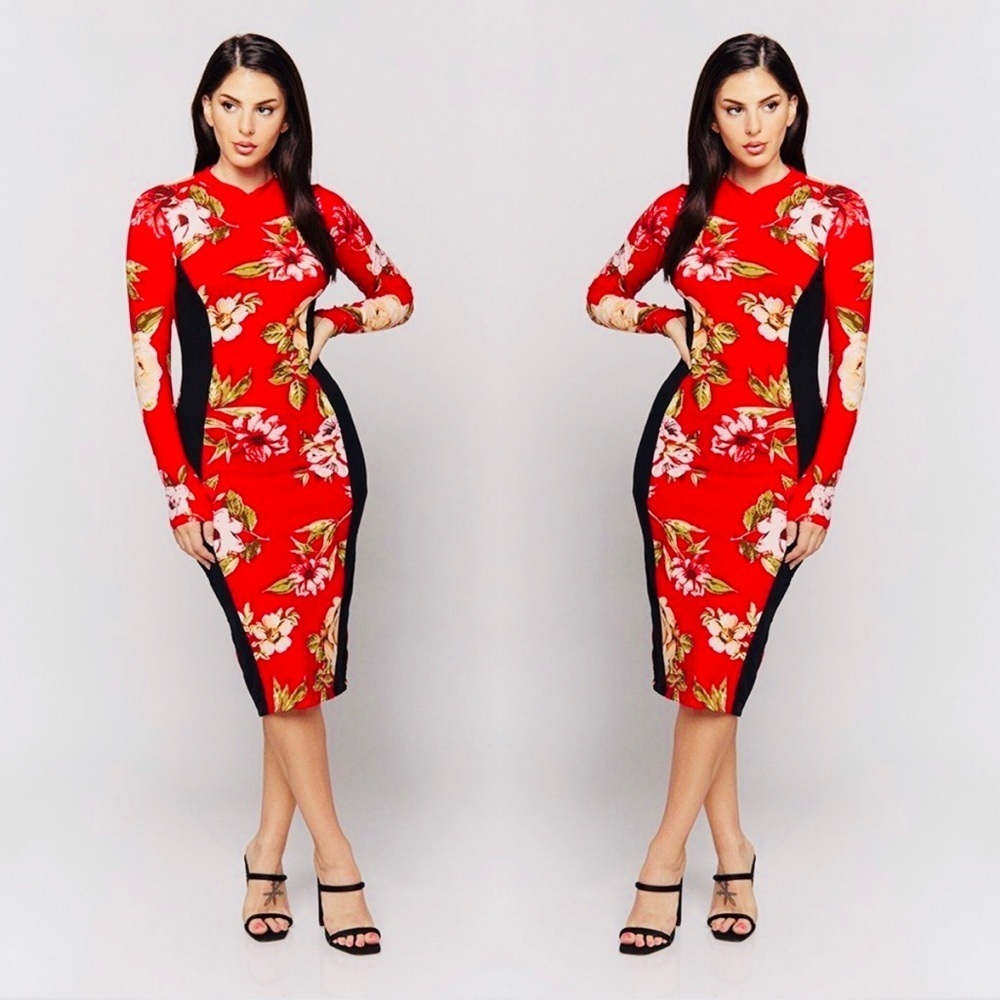 Long Sleeve Floral Print Fitted Midi Dress